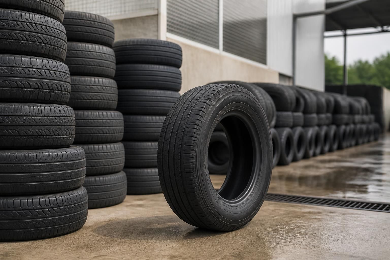 Organized commercial tire stacks in a clean industrial setting.