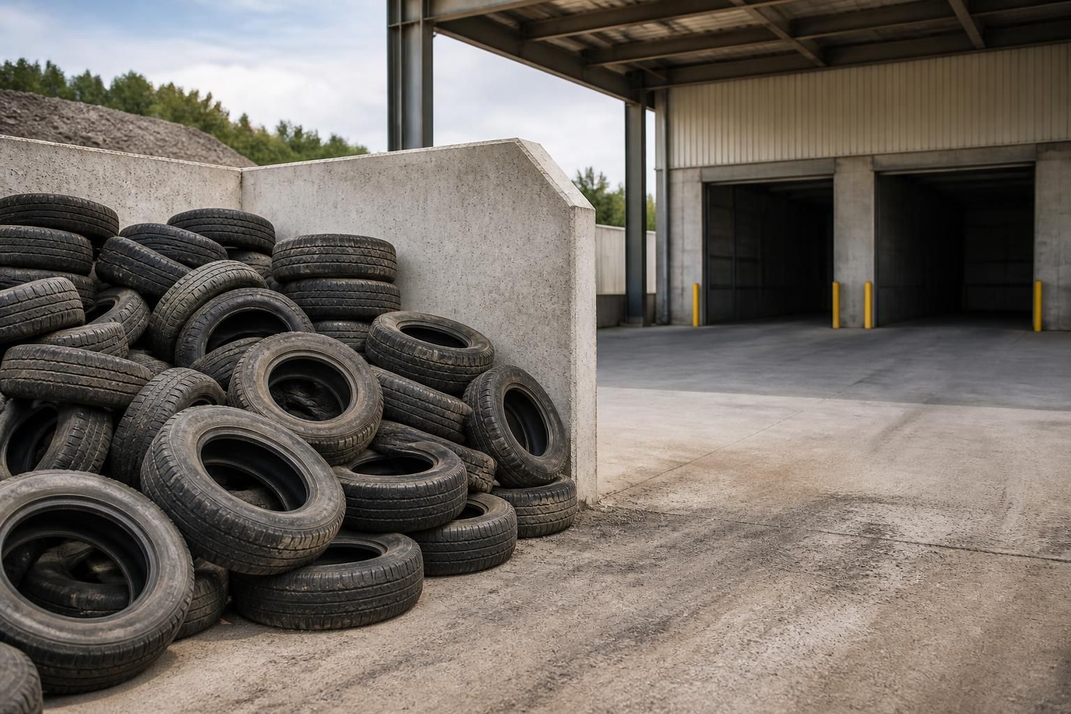 Collected waste tires in a clean construction haul area.