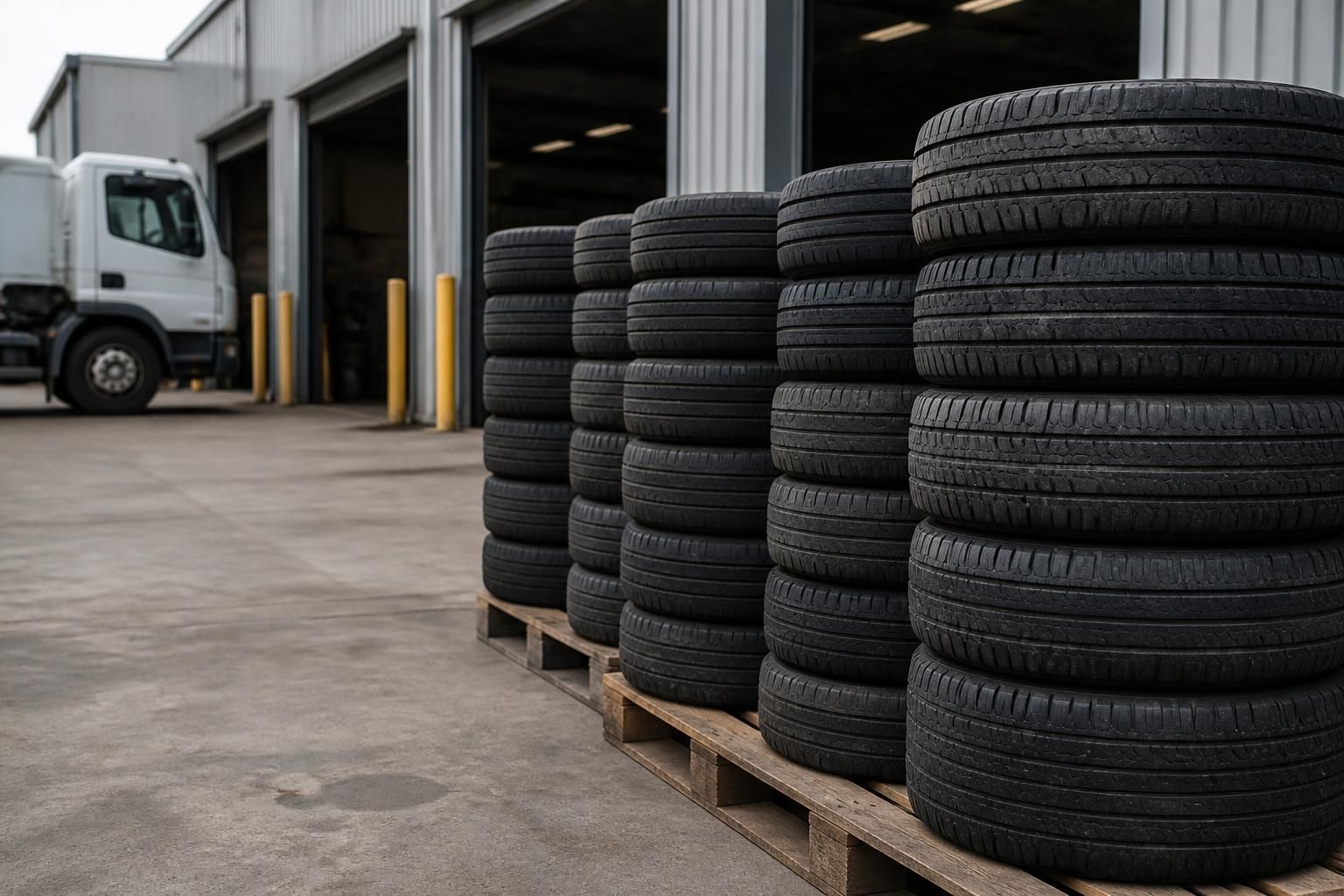 Fleet service yard with organized tires ready for disposal.