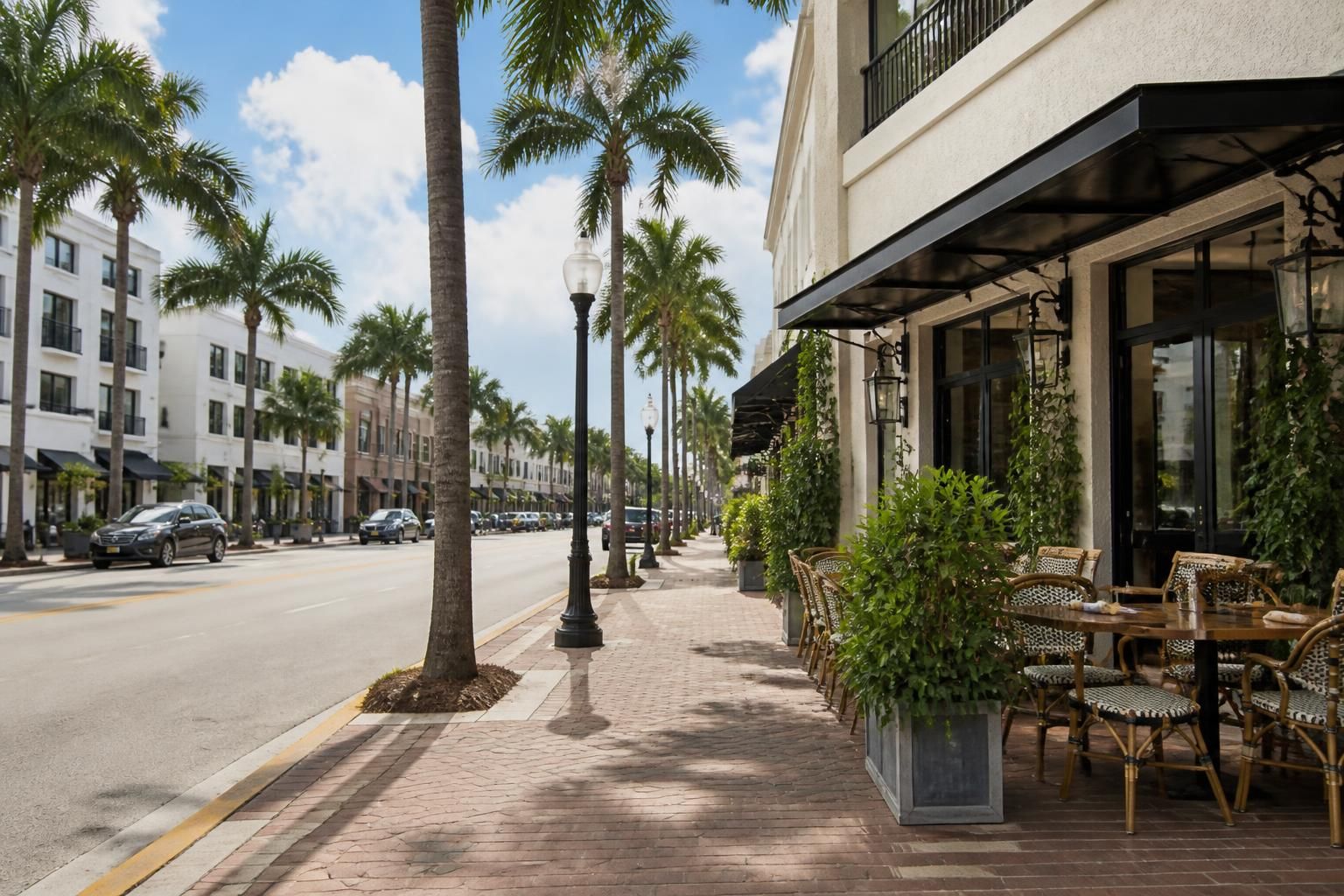 Palm-lined commercial street in Hollywood, Florida.