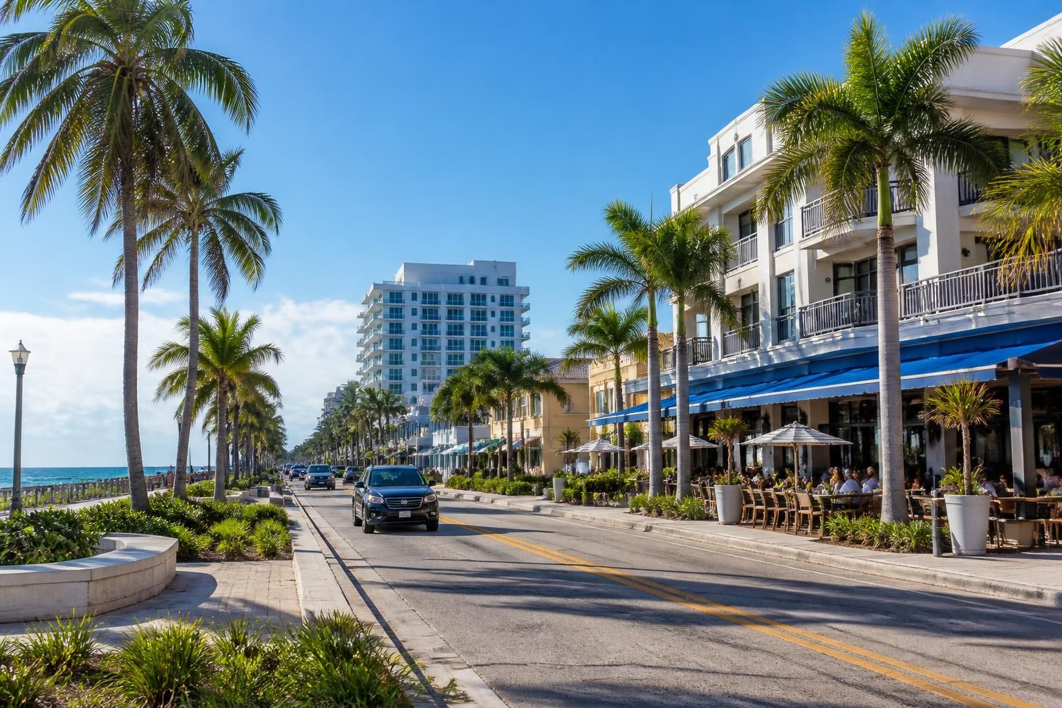 Palm-lined coastal street in Pompano Beach, Florida.