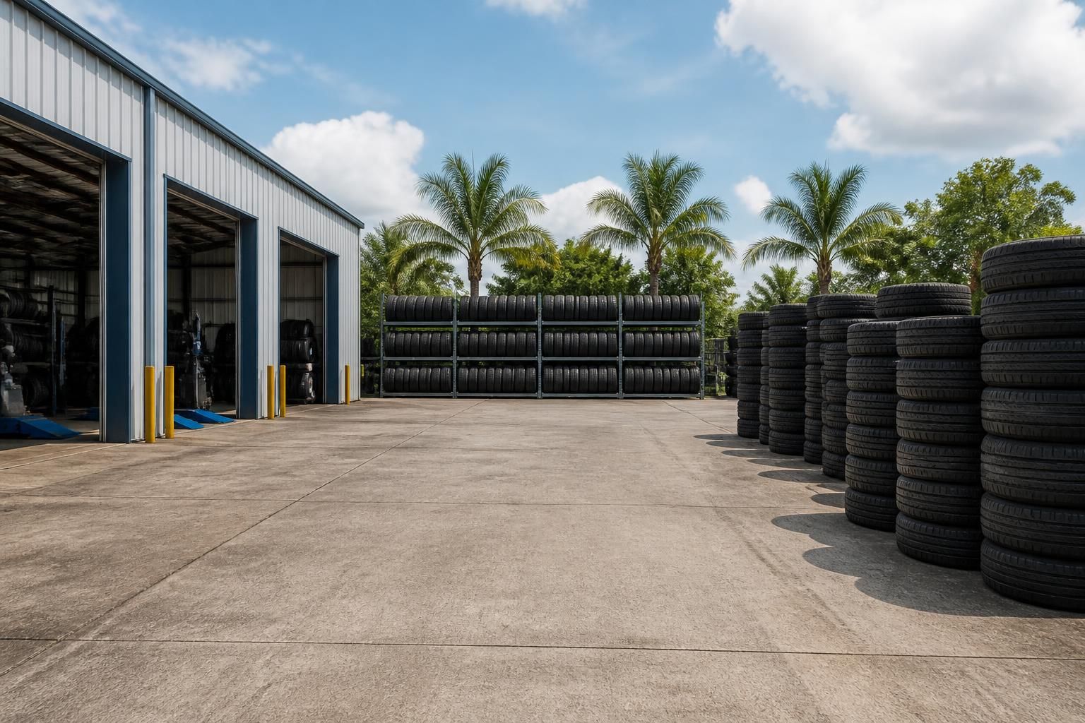 Clean industrial tire yard with palms in the distance.