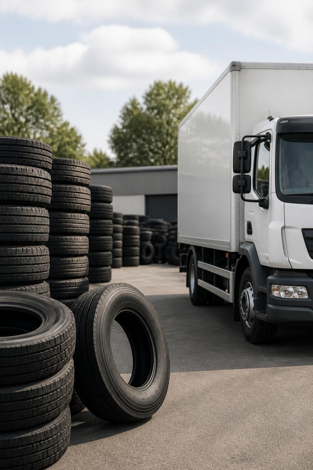 Organized tire stacks beside a clean fleet truck in a paved yard.