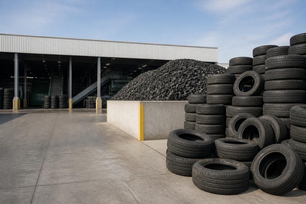 Neatly stacked used tires in a clean industrial loading area.