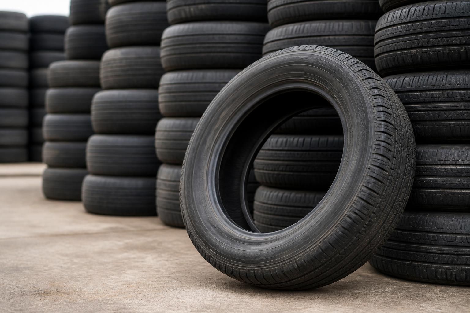 Stacked scrap tires in a clean disposal yard.