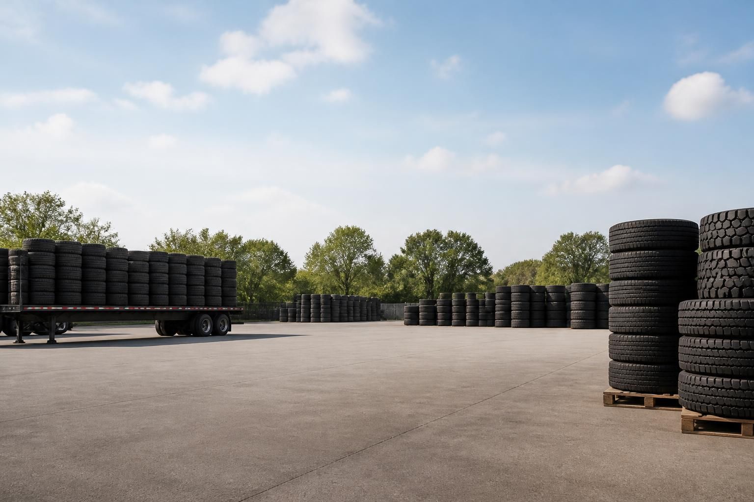 Clean tire hauling yard with open space and stacked tires.