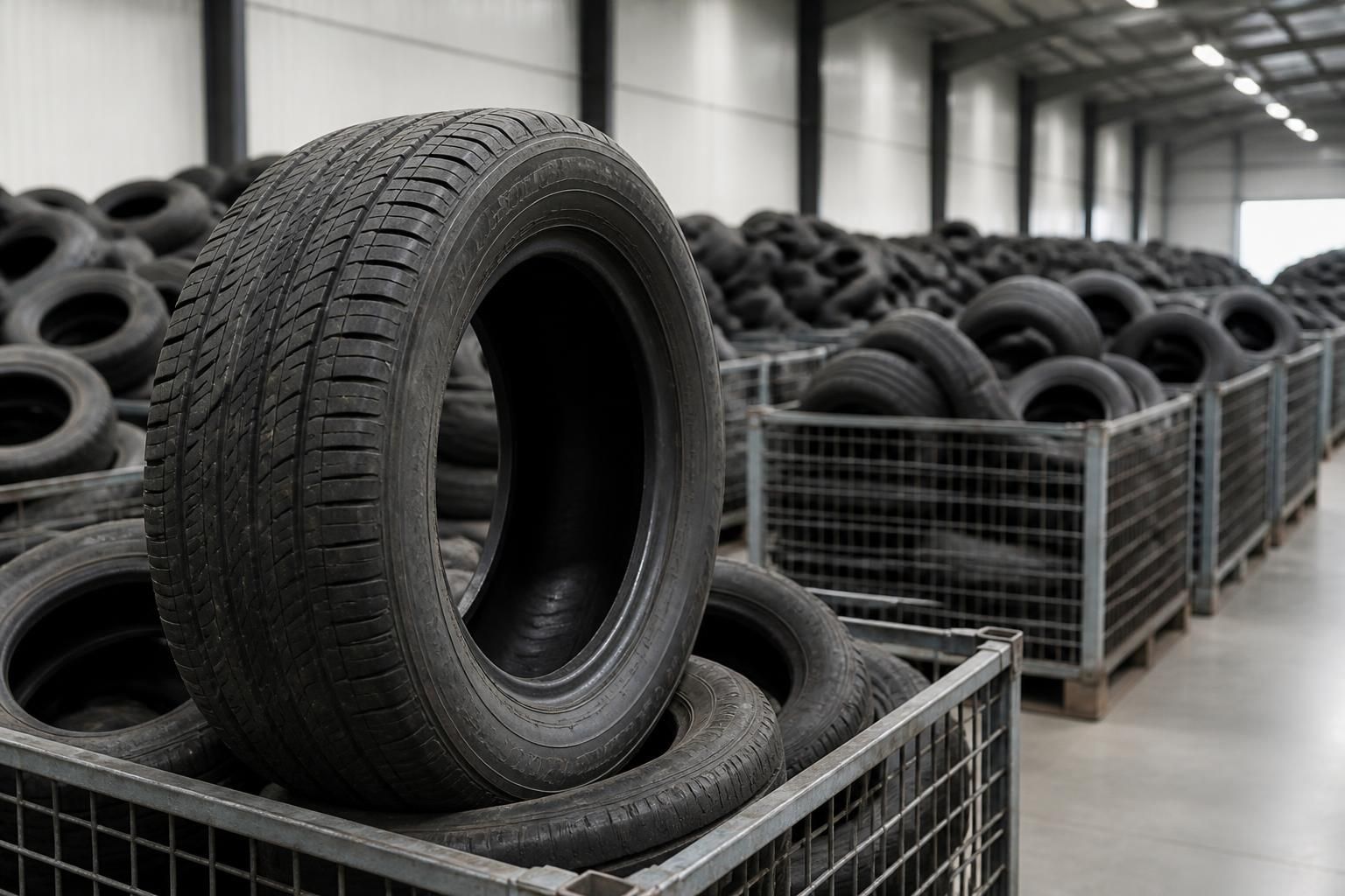 Used tires organized for recycling in a clean facility.