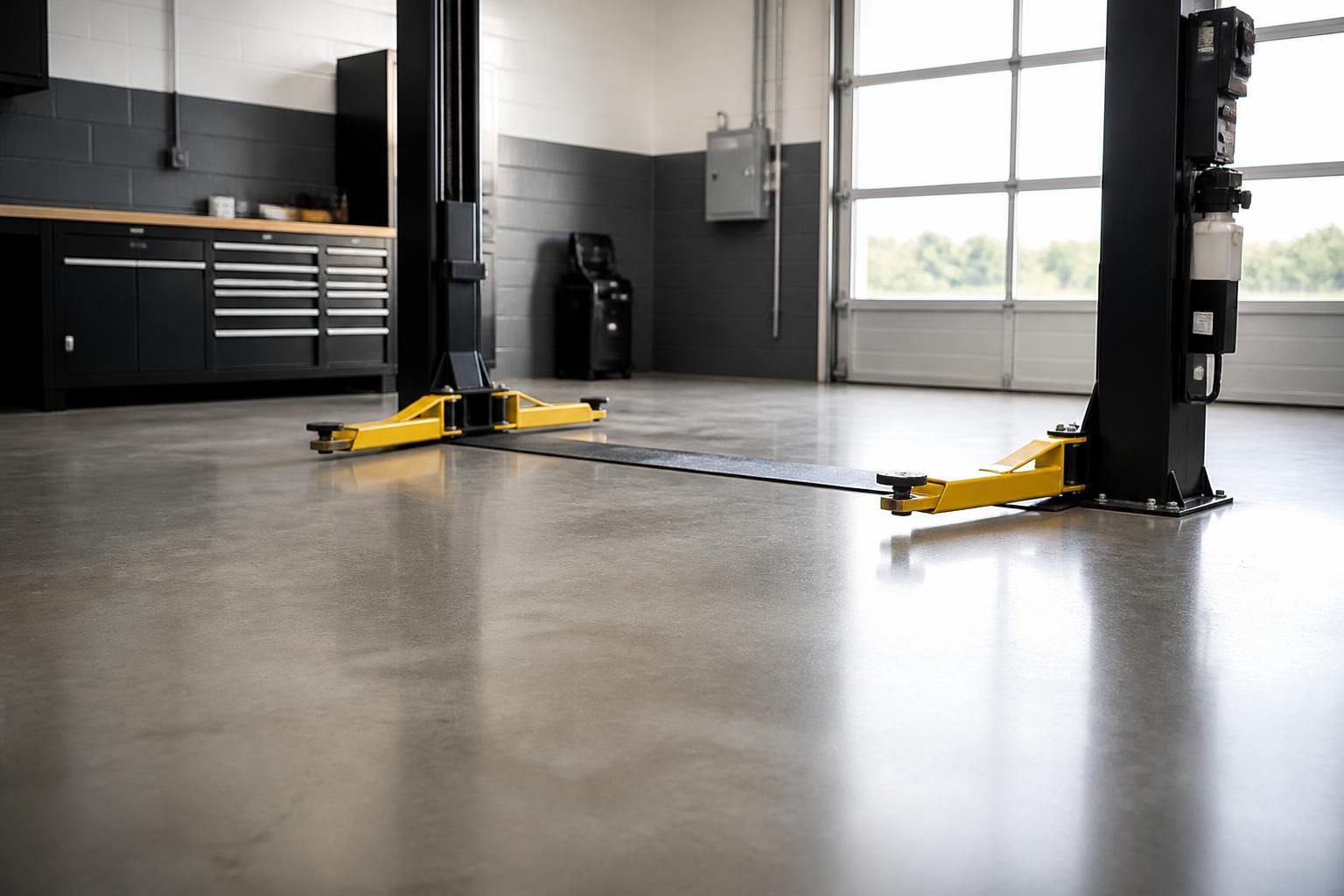 Spotless tire shop floor after cleanup.
