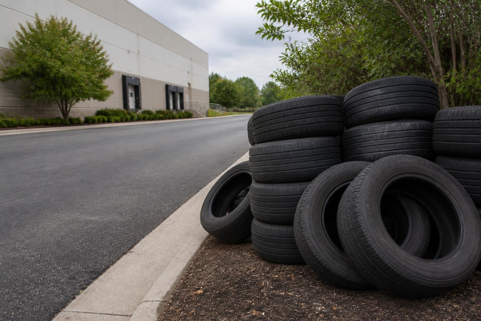 Waste tires collected at a clean commercial lot.